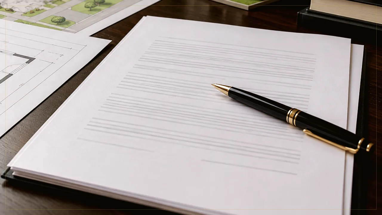Unprinted cream commercial agreement folios tied with a warm gold ribbon beside reading glasses and a brass pen on a boardroom table